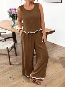 Lounesse Plus Size Color Block Round Neck Top And Pants Casual Two Pieces Set - Brown - View 4