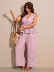 Elaquor Plus Size Casual Vacation Striped Sleeveless A-Line Shirt And Straight Leg Casual Pants 2 Pieces Set - Pink - View 4