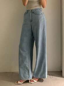 Dazy Tall Jeans de pierna recta y suelta para mujer, estilo casual de ciudad - Azul lavado medio - Ver 4