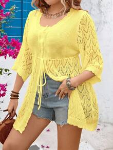 SHEIN Clasi Cárdigan casual de talla grande con botones delanteros y lazo, para vacaciones - Amarillo claro - Ver 3