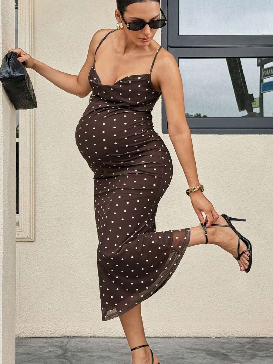 MaterniWear Vestido camisero ajustado con estampado de lunares para maternidad - Marrón - Ver 1