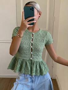 DAZY Women's Solid Color Patchwork Ruffle Hem Casual Vacation Round Neck Short Sleeve Knit Sweater, Autumn - Green - View 5
