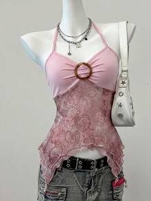 Easelle 女士休闲系领腰果印花衬衫，日常百搭 - 淺粉色 - 查看 9