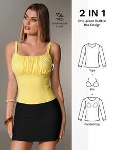 Nuvra Top corto con busto fruncido de doble capa y cuello cuadrado, camiseta sin mangas ajustada que moldea la cintura para mujer - Amarillo claro - Ver 11