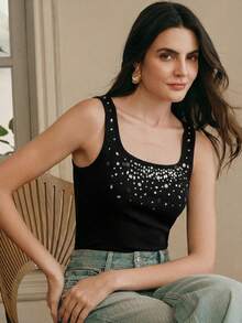 Anewsta Elegante camiseta sin mangas de punto ajustada con cuello cuadrado y adornos de strass hechos a mano para mujer, primavera - Negro - Ver 2