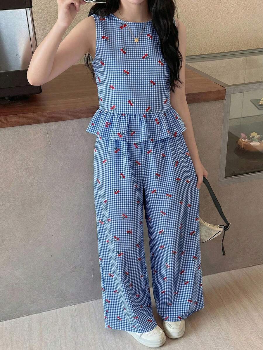 SHEIN Bộ đồ nữ tuổi teen gồm áo không tay kẻ sọc xanh trắng có cúc gỗ và quần ống đứng, thích hợp cho kỳ nghỉ xuân/hè, tiệc tùng, đi học, dã ngoại gia đình hoặc mặc hàng ngày. - Xanh và trắng - Xem 1