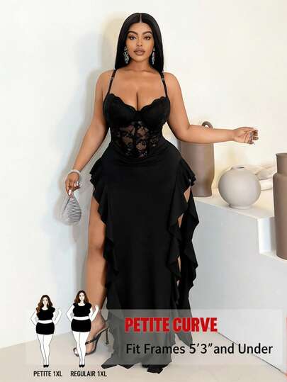 SHEIN PETITE CURVE Vestido interior elástico y cómodo de encaje negro sexy y de corte vanguardista con diseño calado, de estilo francés casual y juvenil, versátil para eventos sociales y fiestas