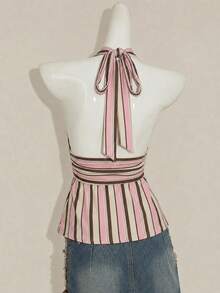 Attitoon Halter Deep V-Neck Cinched Waist A-Line Backless Camisole,Summer Top - Multicolor - View 2