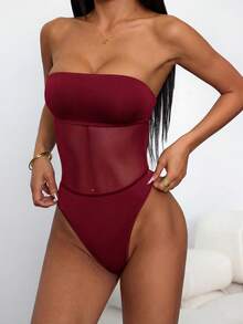 SHEIN PETITE Áo liền thân nữ màu trơn phối lưới, gợi cảm, không tay, ôm sát cơ thể. - Màu Đỏ Sâu - Xem 4