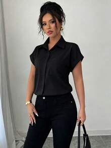 Elenzga Áo sơ mi ngắn tay màu trắng dành cho nữ, thiết kế tối giản, nhẹ, dáng rộng, kiểu dáng retro không tay. - màu đen - Xem 4