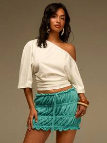 Athîral Women's Solid Color Waist Tie Ruched Knit Midi Skirt - Teal Blue - View 5