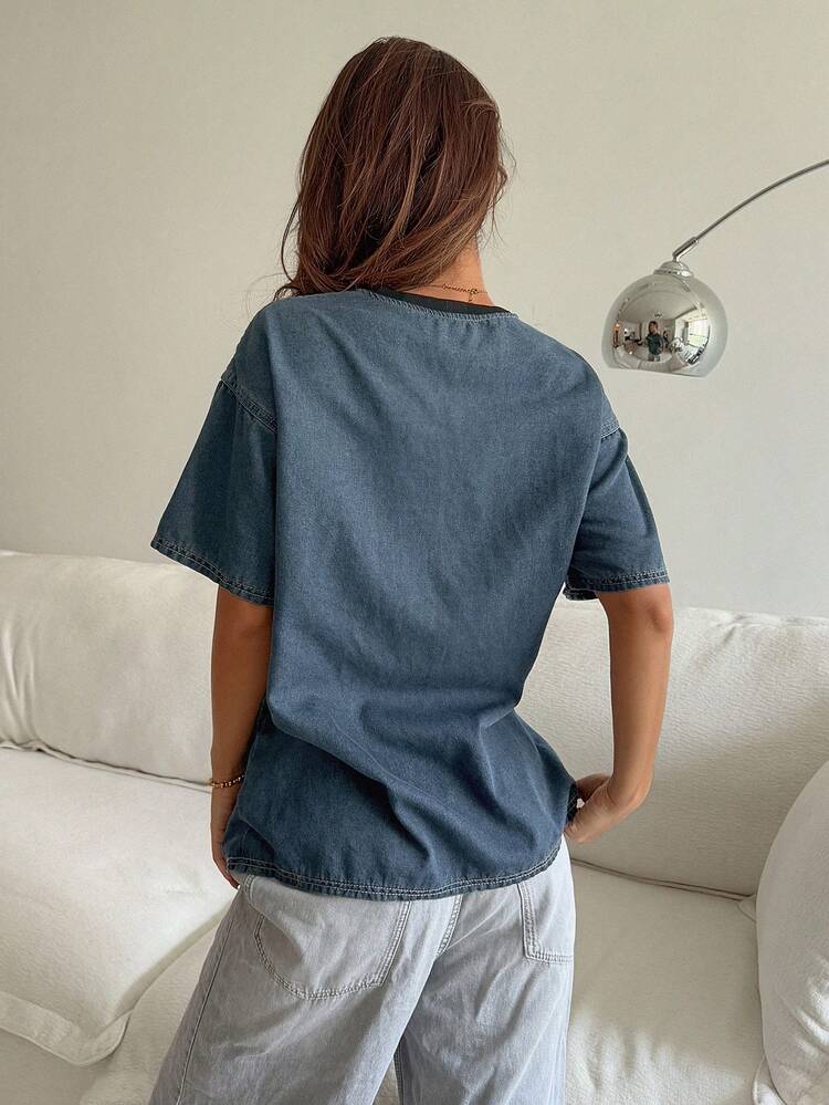 Women's Letter Print Round Neck Short Sleeve Casual Denim Top Summer