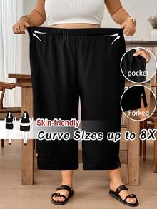 SHEIN CURVE+ 大码女士休闲百搭黑色裤子 - 黑色 - 查看 1