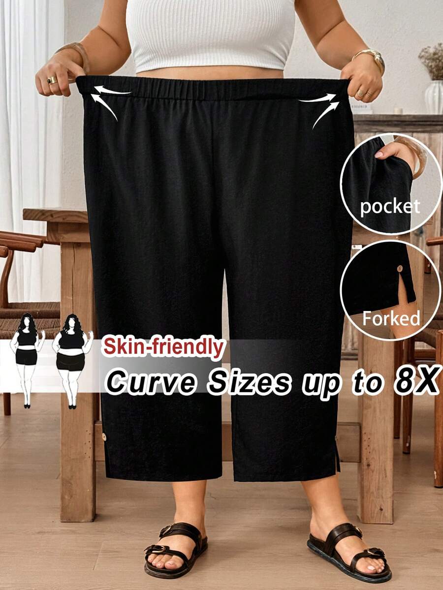 SHEIN CURVE+ 大码女士休闲百搭黑色裤子 - 黑色 - 查看 1