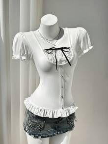 Elamini Black Regular Shoulder Short Sleeve Vintage Style T-Shirt, Spring/Summer - White - View 4
