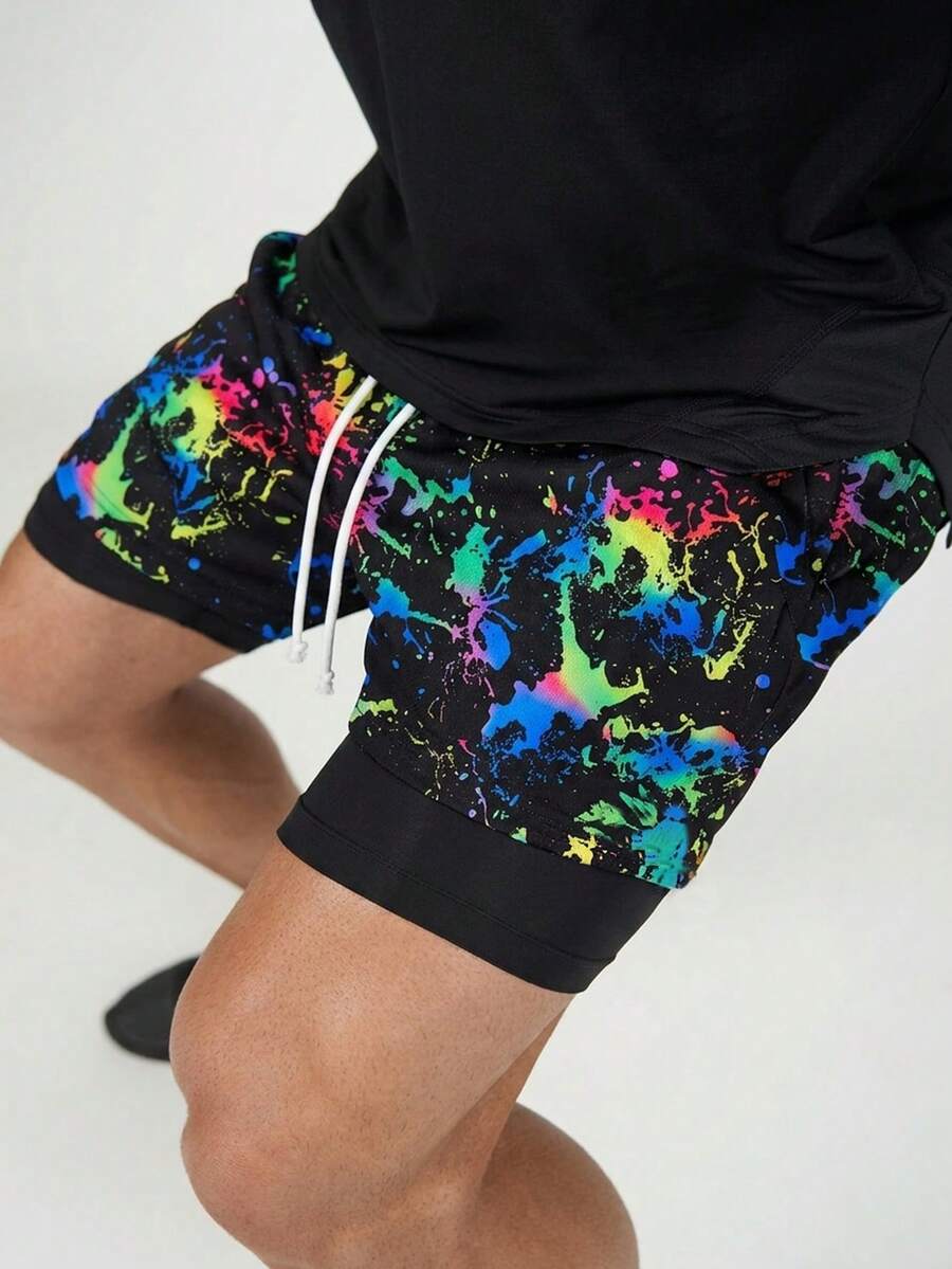 SHEIN 青少年男孩彈性腰抽繩對比色休閒寬鬆夏季短褲,柔軟面料,夏季街頭風健身沙灘高級運動休閒風 - 彩色 - 查看 1