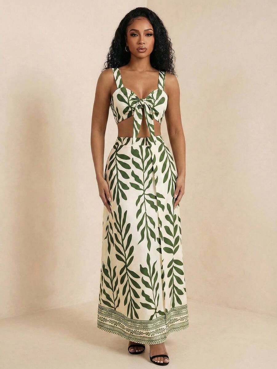 Eryvara Conjunto de ropa de vacaciones sexy para mujer, top corto con tirantes finos y nudo delantero, y falda con estampado floral y abertura en el bajo, para primavera/verano - Multicolor - Ver 1