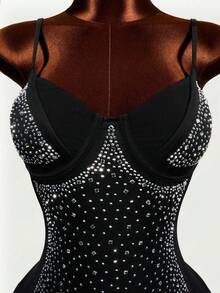 Mistrie Summer Sexy Spaghetti Strap Black Dress With Rhinestone Embellishment, Bodycon Fit For Party, Stage And Festival Occasions - Black - View 6