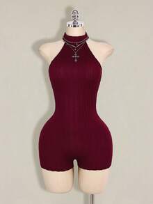 SHEIN ICON Bộ jumpsuit ôm sát cổ cao hở lưng màu đen dành cho nữ, kiểu dáng cơ bản thường ngày. - Màu Đỏ Sâu - Xem 8