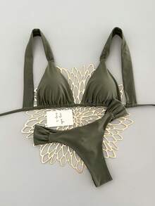 SHEIN Swim 女士性感沙滩度假纯色时尚挂脖系带比基尼上衣，褶皱抽绳腰比基尼下装，适合街头风、音乐节、泳池派对等场合，泳装套装 - 橄欖綠 - 查看 6