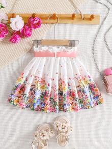 SHEIN Váy xếp ly in hoa màu hồng thanh lịch cho bé gái - trắng - Xem 2