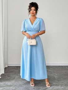 Elenzga Plus Size V-ringad lång midjebandsklänning med utsvängda kortärmade ärmar - Blå - Visa 6