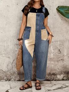 EMERY ROSE EMERY ROSE Mono peto informal con bolsillo y contraste de color para tallas grandes - Azul - Ver 3