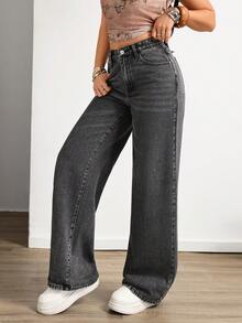 SHEIN ICON Calça jeans casual de corte reto e lavagem especial - Cinza escuro - Ver 4