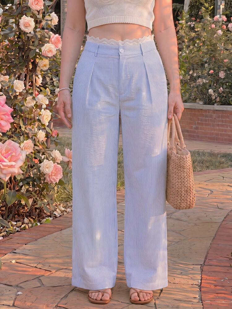 SHEIN MOD Plus Size Blue & White Striped Lace Patchwork Wide Leg Pants, Elegant Office Wear, Daily Commute, Casual Holiday Striped, Romantic Lace - Blue and White - View 7