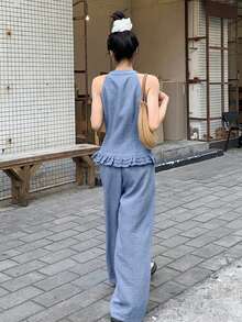 DAZY Bộ đồ mùa xuân hè gồm áo khoác cardigan không tay ôm dáng, viền bèo nhún và quần ống đứng thoải mái, thanh lịch cho công sở, những dịp lãng mạn, đi biển hoặc nghỉ lễ. - Màu xanh lam - Xem 4