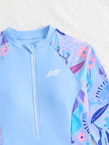 SHEIN Áo tắm liền thân dài tay in hoa dành cho thiếu nữ, thích hợp cho kỳ nghỉ biển, tiệc bể bơi, tiệc bãi biển. - Màu xanh lam - Xem 3