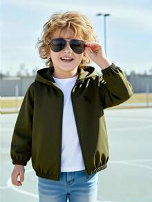 SHEIN Genkimix Kids 1件男童休闲简约街头风连帽长袖外套，时尚休闲设计，适合夏季穿着，适合4-7岁男孩日常、运动、户外活动、返校穿着。 - 軍綠色 - 查看 4