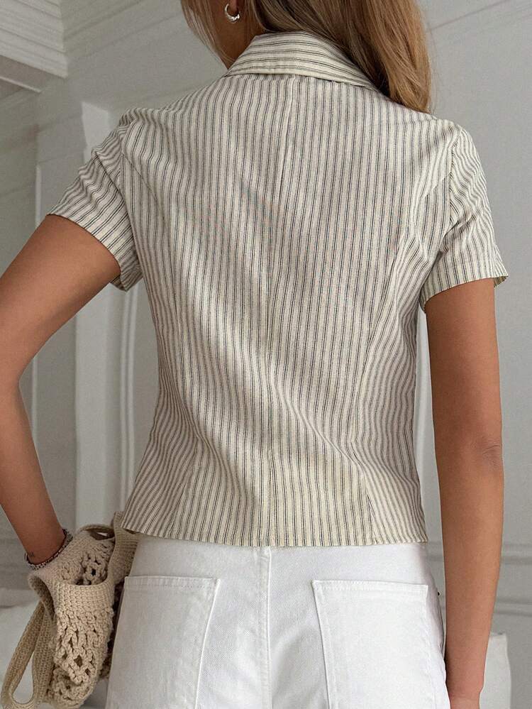 100% Cotton Striped Collared Short Sleeve Formal Commuter Fitted Blouse For Women, Summer