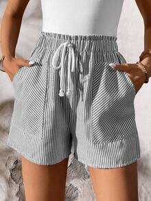 SHEIN Tall CURVE Quần short kẻ sọc dáng rộng có dây rút - Đen và trắng - Xem 9