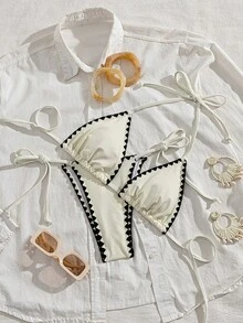 Bonvoyette Summer Vacation Girl's Solid Color Contrast Shell Embroidery Ruffle Trim 2 Pieces Bikini Set Beach Party Black Sexy - Multicolor - View 6