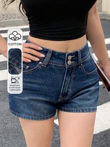 DAZY Quần short denim nữ cạp cao hai hàng cúc có túi sau, phong cách đường phố thường ngày, mùa hè Y2K - Rửa trung bình - Xem 1