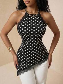 Eryvara Elegant Casual Polka Dot Halter Neck Camisole, Summer New Arrival - Black - View 6