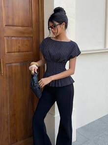Siren Gaze Áo sơ mi nữ kẻ sọc, kiểu dáng thường ngày, đa năng. - Màu xanh lam - Xem 5