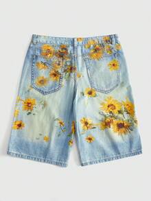 ROMWE MEN Street Life Quần short denim nam dáng suông, rộng rãi, đa năng, họa tiết hoa hướng dương, đã qua xử lý giặt. - Màu xanh lam - Xem 2