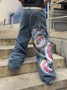 ROMWE MEN Jeans holgados con patrón de serpiente bordado para hombres - Azul - Ver 2