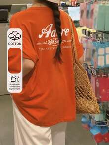 DAZY Áo thun nữ cổ tròn tay ngắn in chữ, kiểu dáng tối giản, đa năng, thời trang. - trái cam - Xem 1