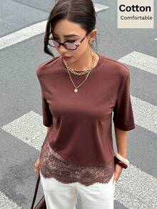 Siren Gaze 新款夏季棕色蕾丝拼接宽松休闲女式T恤 - 棕色 - 查看 5