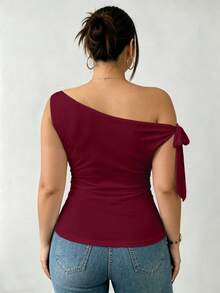 Elenzga Camiseta ajustada de mujer talla grande de unicolor elegante con cuello asimétrico, para verano - Burdeos - Ver 2