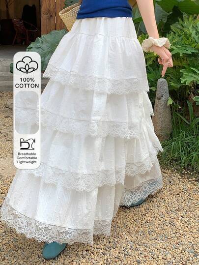 DAZY Chân váy xòe cạp chun phối ren tương phản với viền bèo nhún, kiểu dáng thường ngày cho mùa hè và kỳ nghỉ của phụ nữ.
