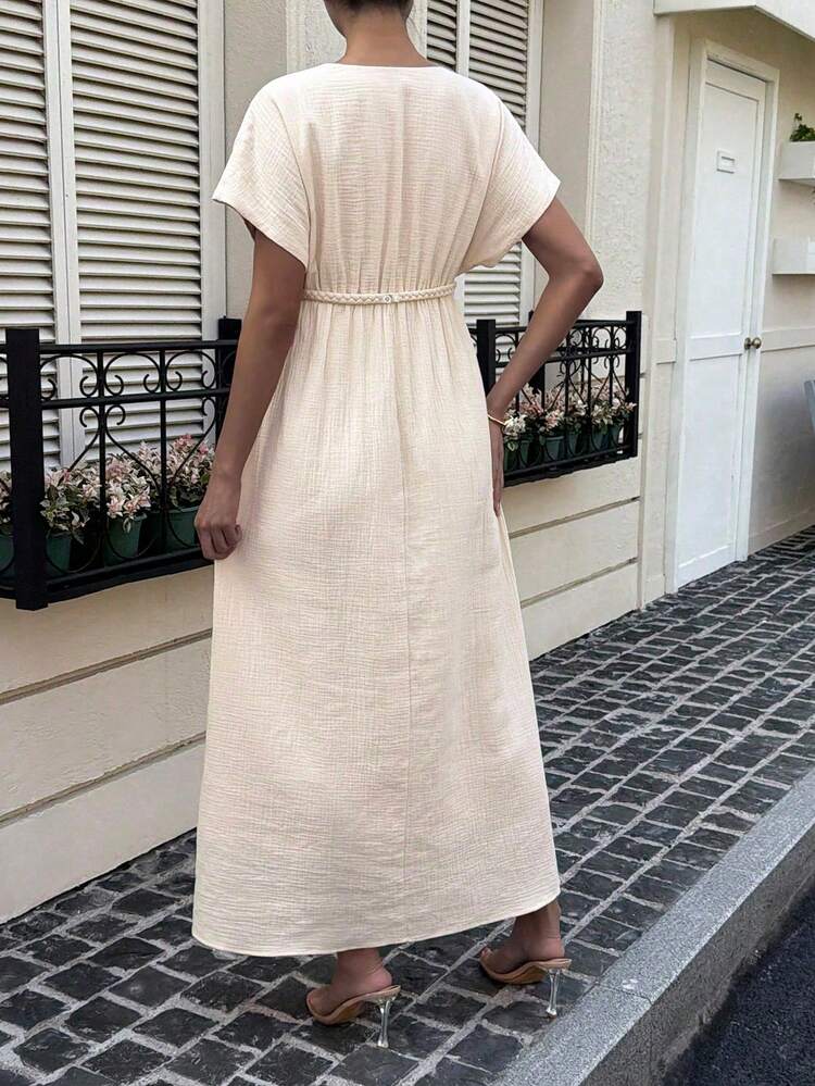 Women's Solid Color Textured Waist Cinching Deep V-Neck Short Sleeve Casual Vacation Summer Beach Dress Sun Dresses For Women