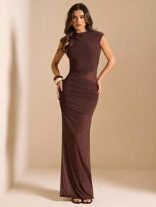 SHEIN BAE Women's Sleeveless Ruched Hem Semi-Sheer Dress, Elegant Sexy Dress, Vacation Dress Golf Pastal Summer - Brown - View 1