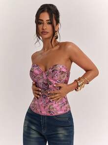 SHEIN BAE Women's Sexy Elegant Pink Floral Brocade Bustier Crop Top, Club Night Out Wear, Date Wear, Vintage Wear, Summer Wear, Bodycon, Y2K Top - Pink - View 5