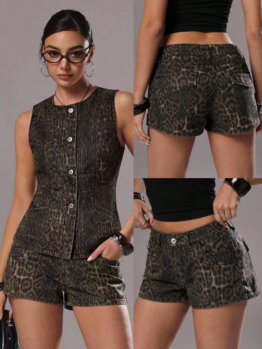 TRNVIE Shorts vaqueros de mujer con estampado de leopardo y bolsillos en diagonal, de moda callejera para el verano - Multicolor - Ver 1
