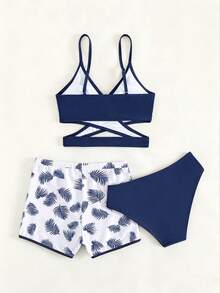 SHEIN Teen Girl Tropical Plant Print Swimwear Set With Shorts, Summer Beach Vacation - Navy Blue - View 2