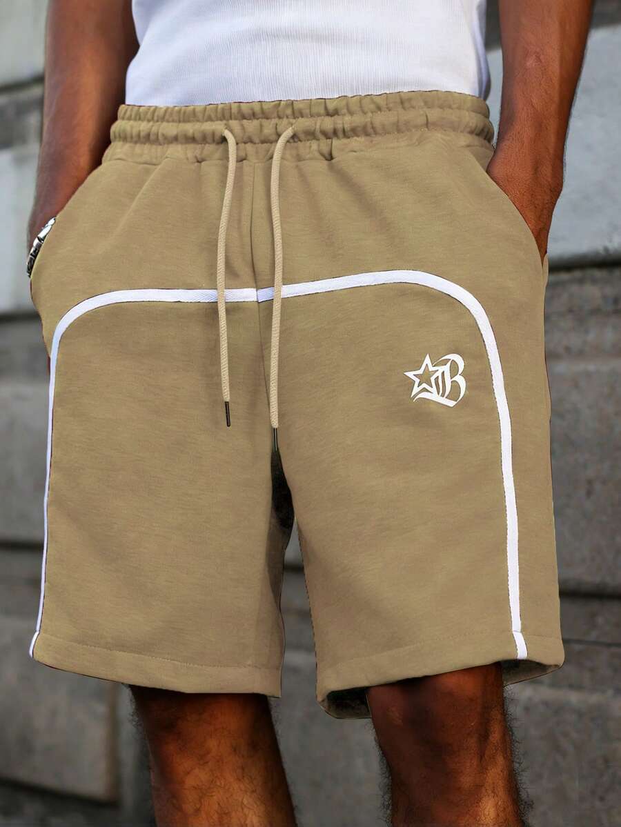 PAVTROS Men's Contrast Trim Drawstring Waist Shorts, Striped Webbing Design - Khaki - View 1